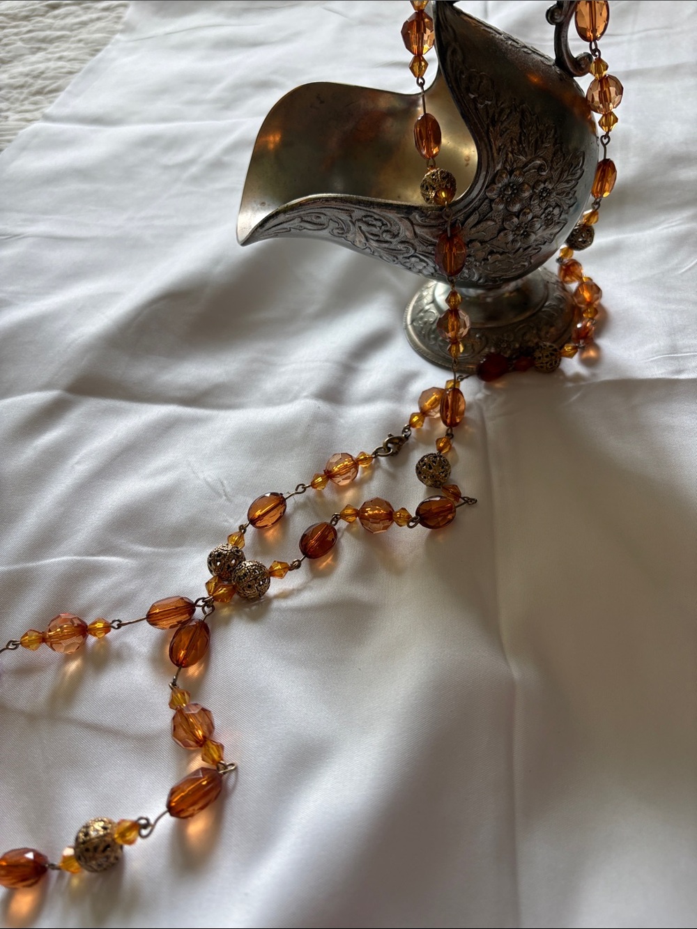 Amber Glass Bead Necklace with Filigree Accents